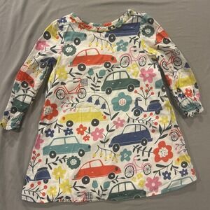 Mini Boden A Line Long Sleeve Dress Girl Sz 2-3Y 98cm Flowers Cars Bikes Print